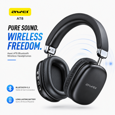 Awei AT8 Bluetooth Wireless Over-Ear Headphone – Bluetooth 5.4 Headset with 40mm Drivers, 40-Hour Playback, Type-C Fast Charging & Built-in Mic